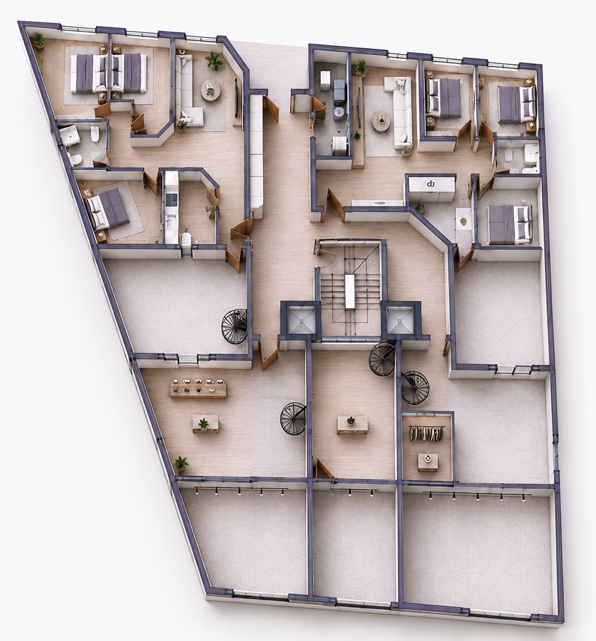 RDC haut : Appartement + mezzanine - Plan 3D